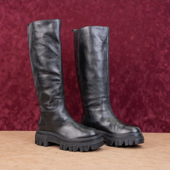 Marc Fisher Women Malena Black Leather Platform Vintage Retro Lug Boots size 6 - Picture 1 of 10